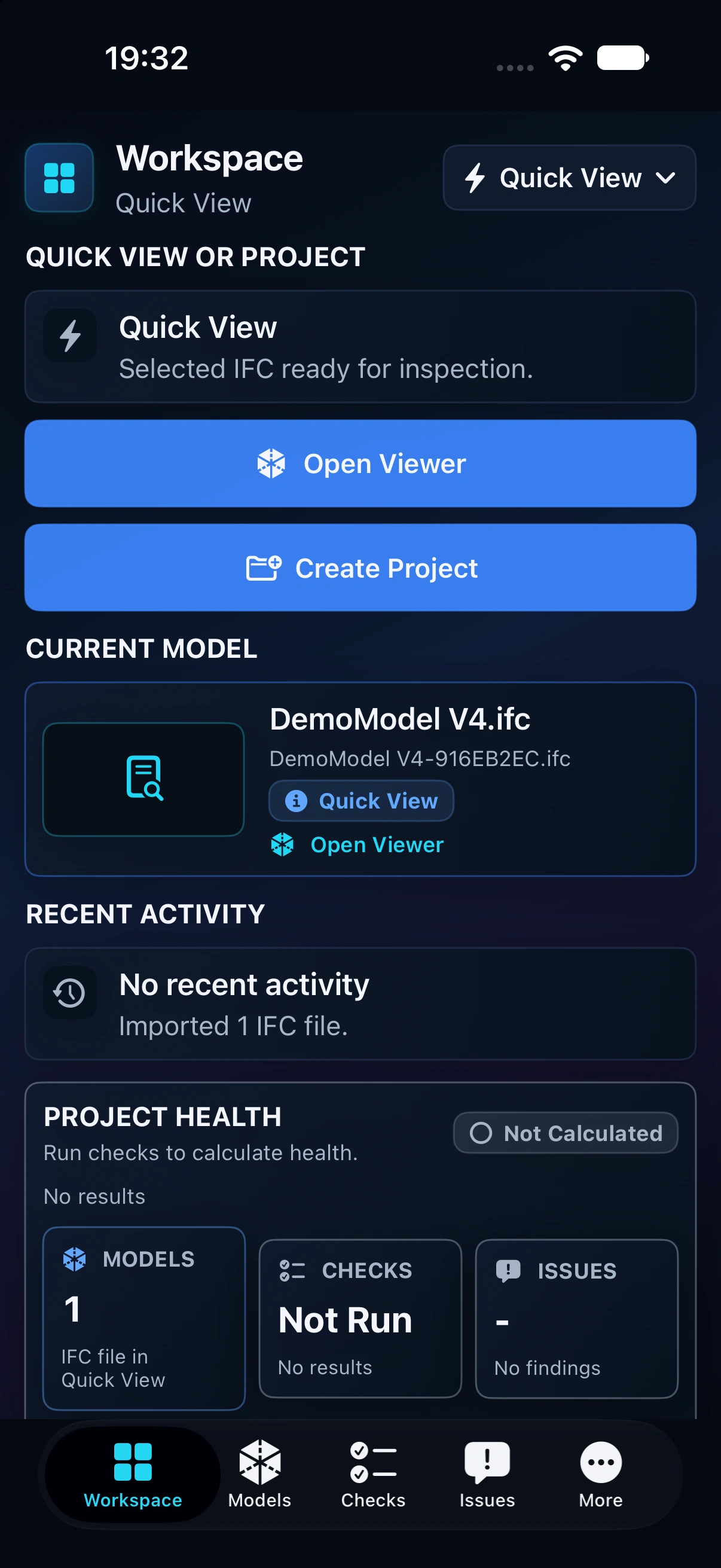 The full IFC Viewer interface on iPhone with the approved demo building.